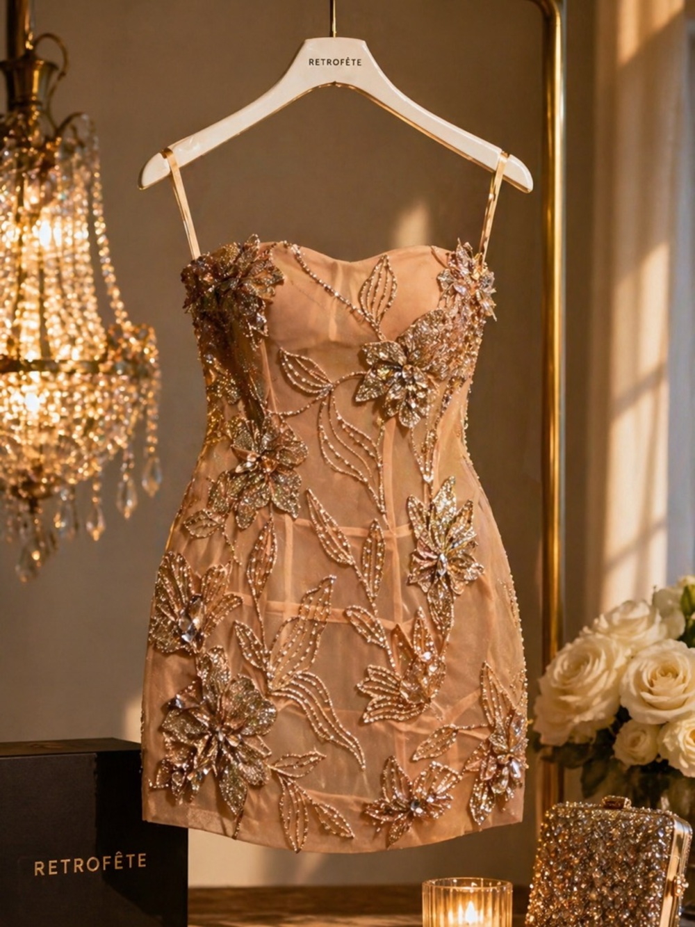 SOLD OUT RETROFÊTE Katarina crystal Couture Mini Dress — Nude Gold Crystal Rare